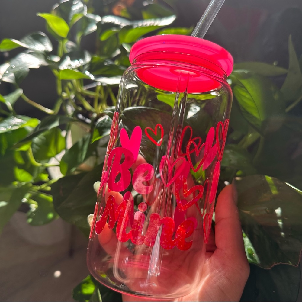 Be Mine Heart Glass Tumbler with Straw